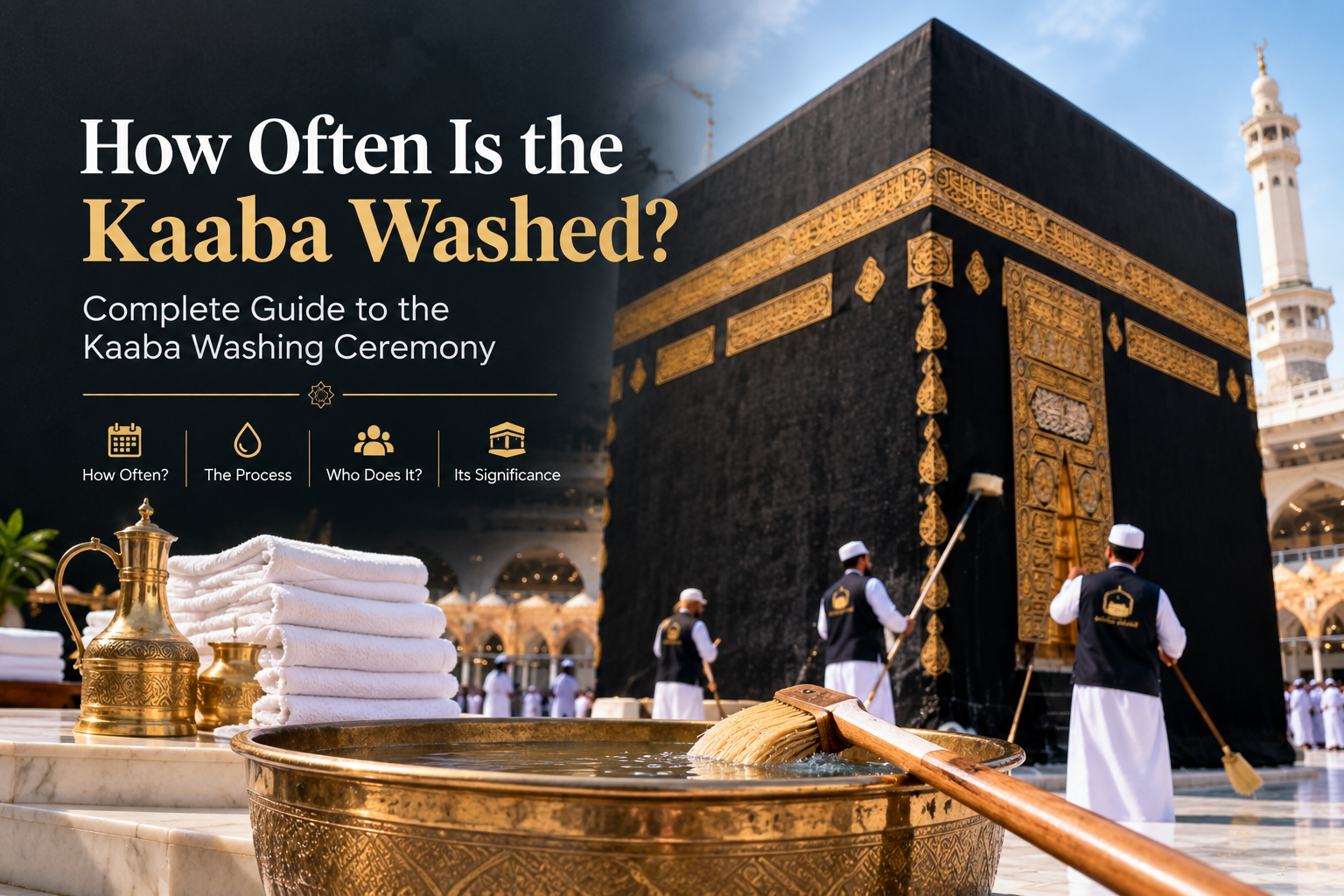 The image shows the sacred Kaaba washing ceremony in a step-by-step infographic style, featuring workers carefully cleaning the Kaaba with Zamzam water, rinsing and drying its walls, and handling the Kiswah. The Kaaba and Makkah Clock Tower appear prominently in the background, creating a respectful and informative visual for the blog.