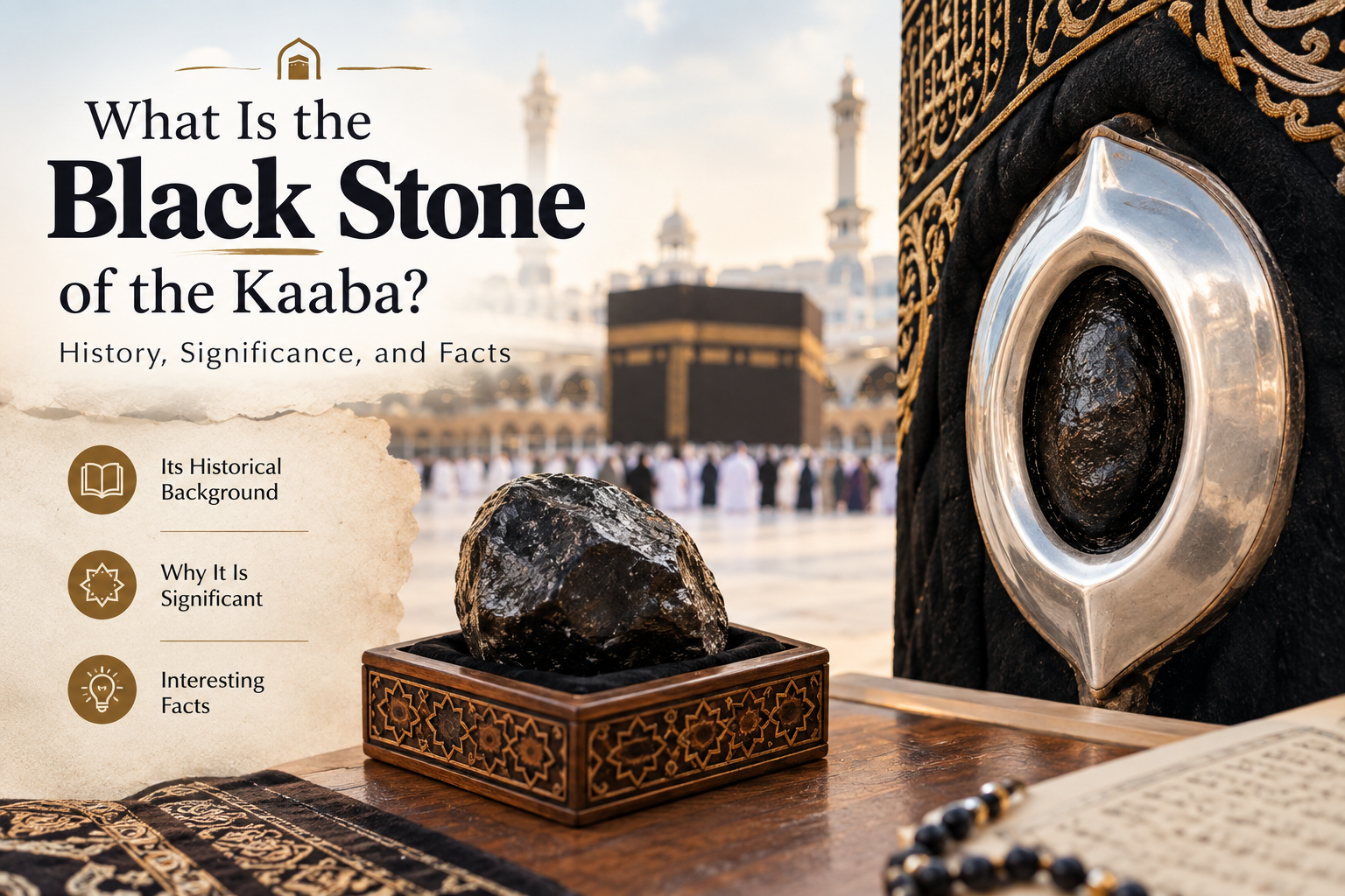 The image shows a close-up of Hajar al-Aswad (Black Stone) set within its silver frame on the corner of the Kaaba, surrounded by the black Kiswah with golden Arabic embroidery. The Kaaba and Masjid al-Haram appear softly in the background, while the design highlights the topic’s history, significance, and important facts.