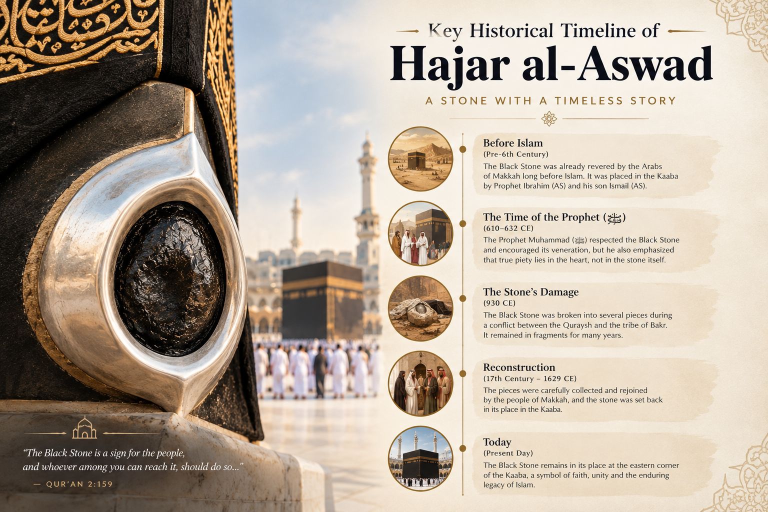 The image presents a visual historical timeline of Hajar al-Aswad, with the Black Stone prominently shown on the left and illustrated milestones on the right. It covers different periods of its history, including pre-Islamic times, the era of Prophet Muhammad ﷺ, historical damage and restoration, and its present-day location at the Kaaba.