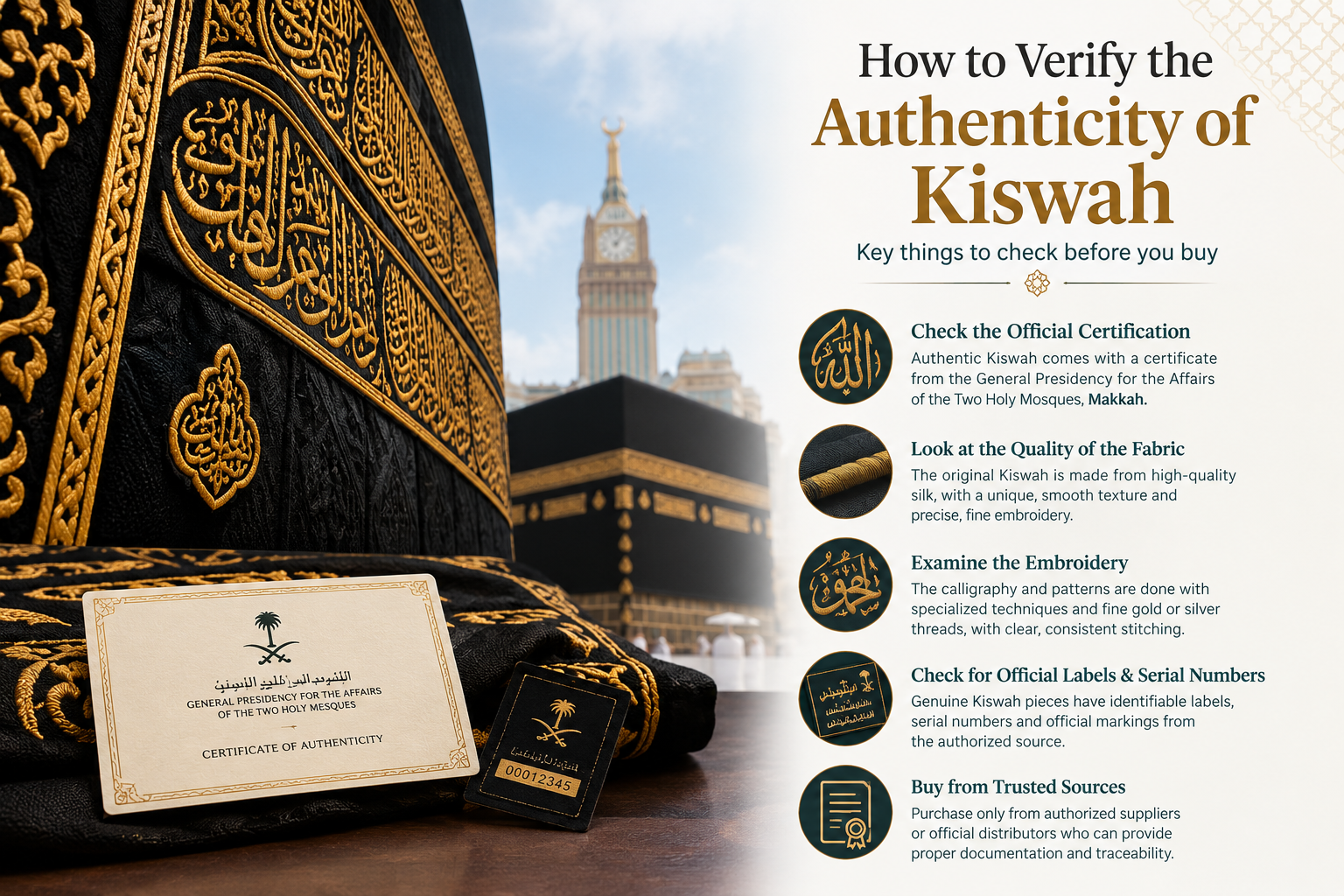 The image shows a close-up of the Kaaba’s black Kiswah fabric with intricate gold embroidery, placed beside a certificate and identification tag. In the background, the Kaaba and Makkah Clock Tower provide a clear Islamic context. On the right side, the image highlights key authenticity checks such as official certification, fabric quality, embroidery, labels/serial numbers, and trusted sources.