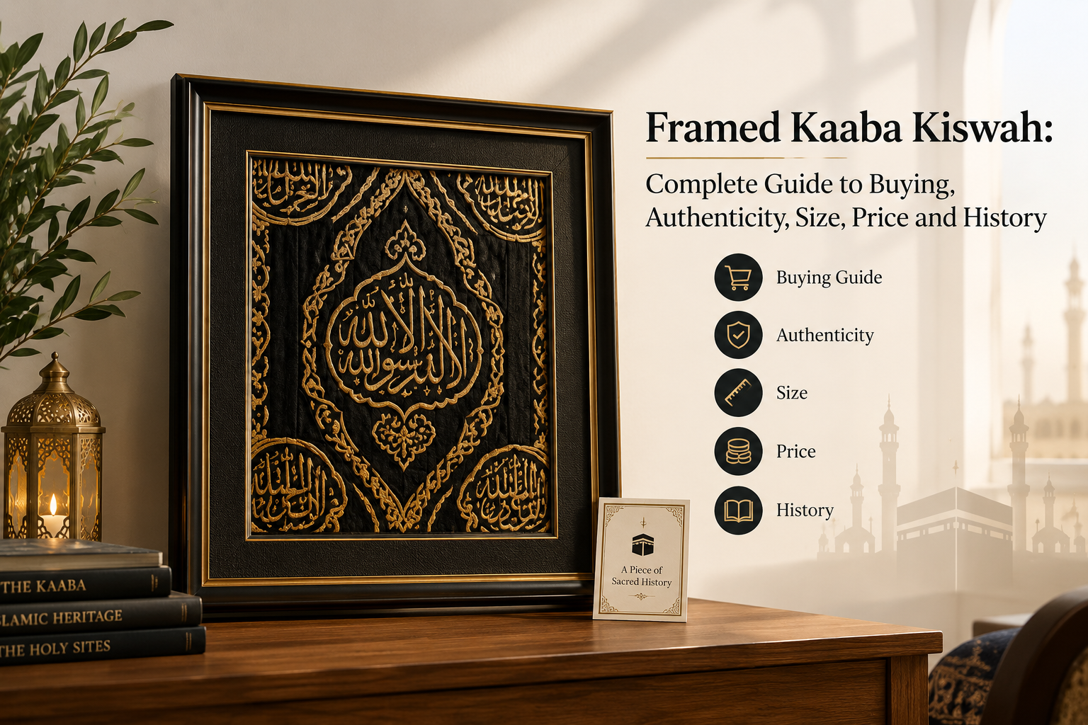 This image shows a luxurious framed Kaaba Kiswah artwork in a warm, elegant Islamic interior. The black Kiswah features intricate gold Arabic calligraphy and traditional embroidered patterns, displayed in a premium black-and-gold frame. The setting includes a brass lantern, Islamic books, prayer beads, and greenery, with a softly blurred view of the Kaaba in the background.