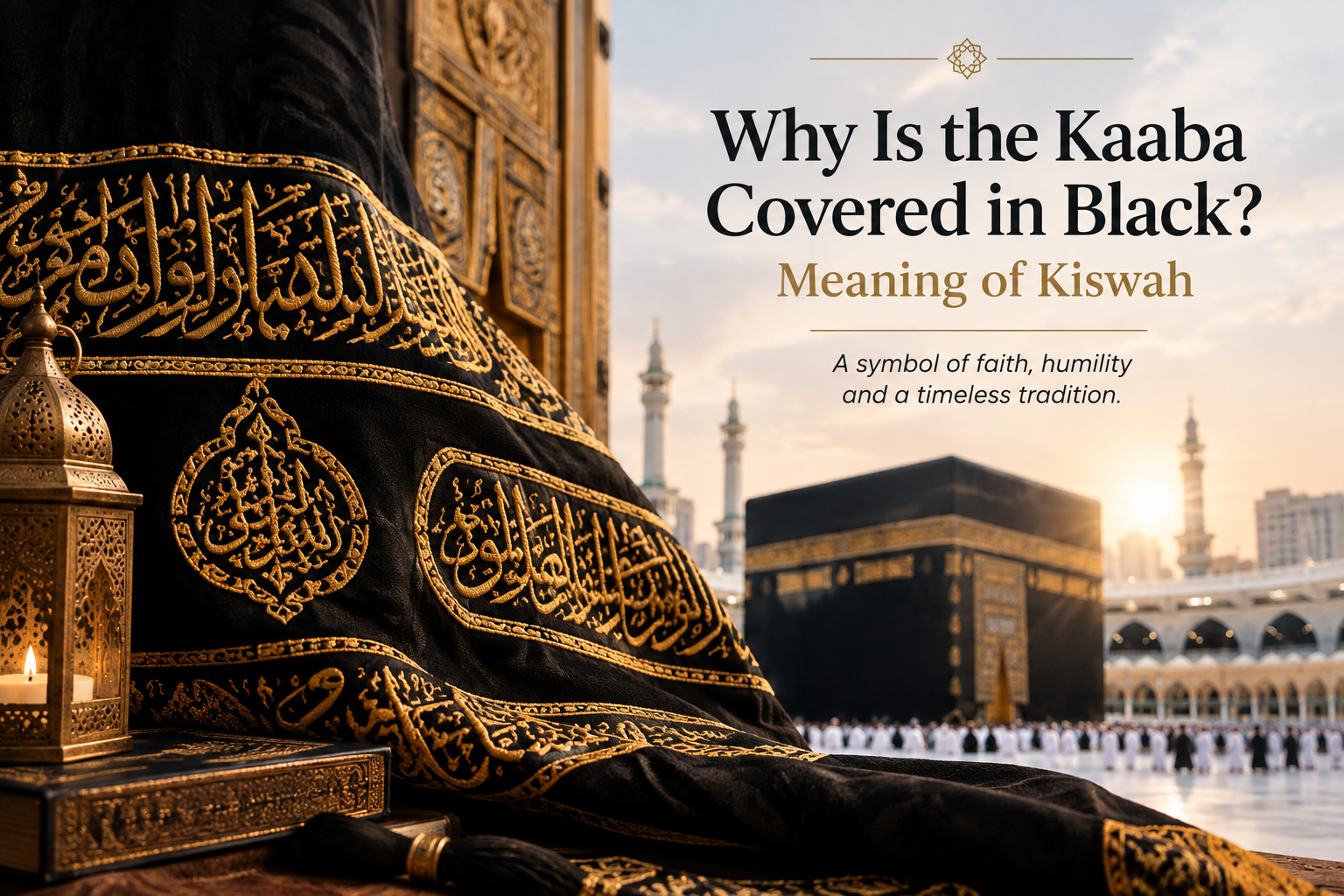 The image highlights the sacred beauty of the Kaaba and its black Kiswah, featuring intricate gold Arabic embroidery and the Masjid al-Haram in the background. Warm lighting and detailed textile elements create a respectful visual representation of the Kiswah’s spiritual significance, tradition, and symbolism.