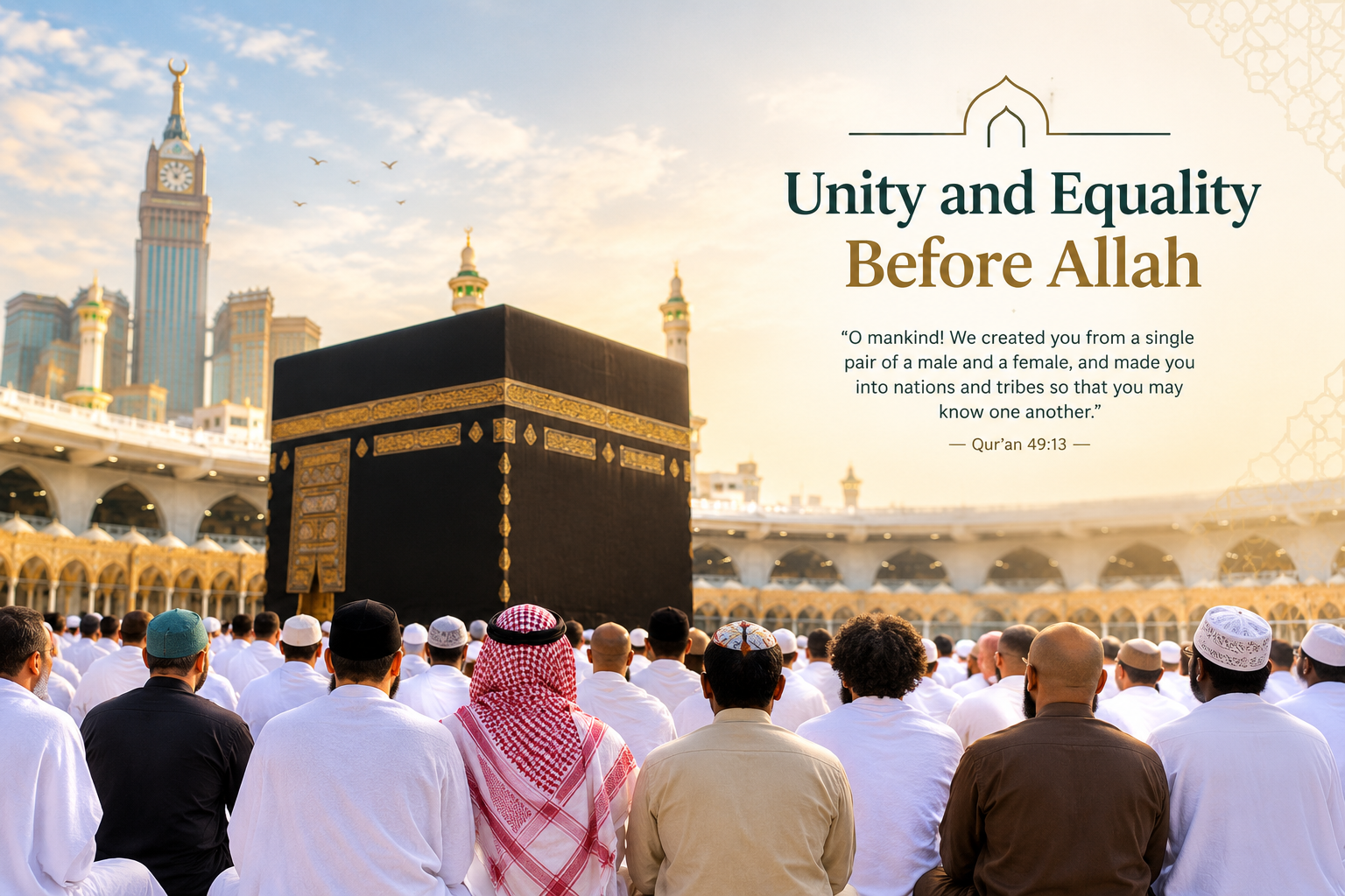 This image shows a diverse group of Muslims gathered together in front of the Kaaba at Masjid al-Haram, representing unity and equality before Allah. People from different cultures and backgrounds are standing together in worship, while the elegant Islamic design and Qur’an 49:13 message highlight that all people are equal and connected through faith.