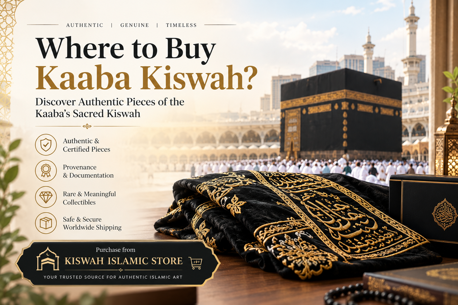 A luxurious promotional scene showing the Kaaba alongside richly embroidered Kiswah fabric, a presentation box, and Islamic décor. The design emphasizes authentic and certified pieces, provenance, rare collectibles, and secure shipping, with “Kiswah Islamic Store” prominently featured as the place to purchase authentic Islamic art.