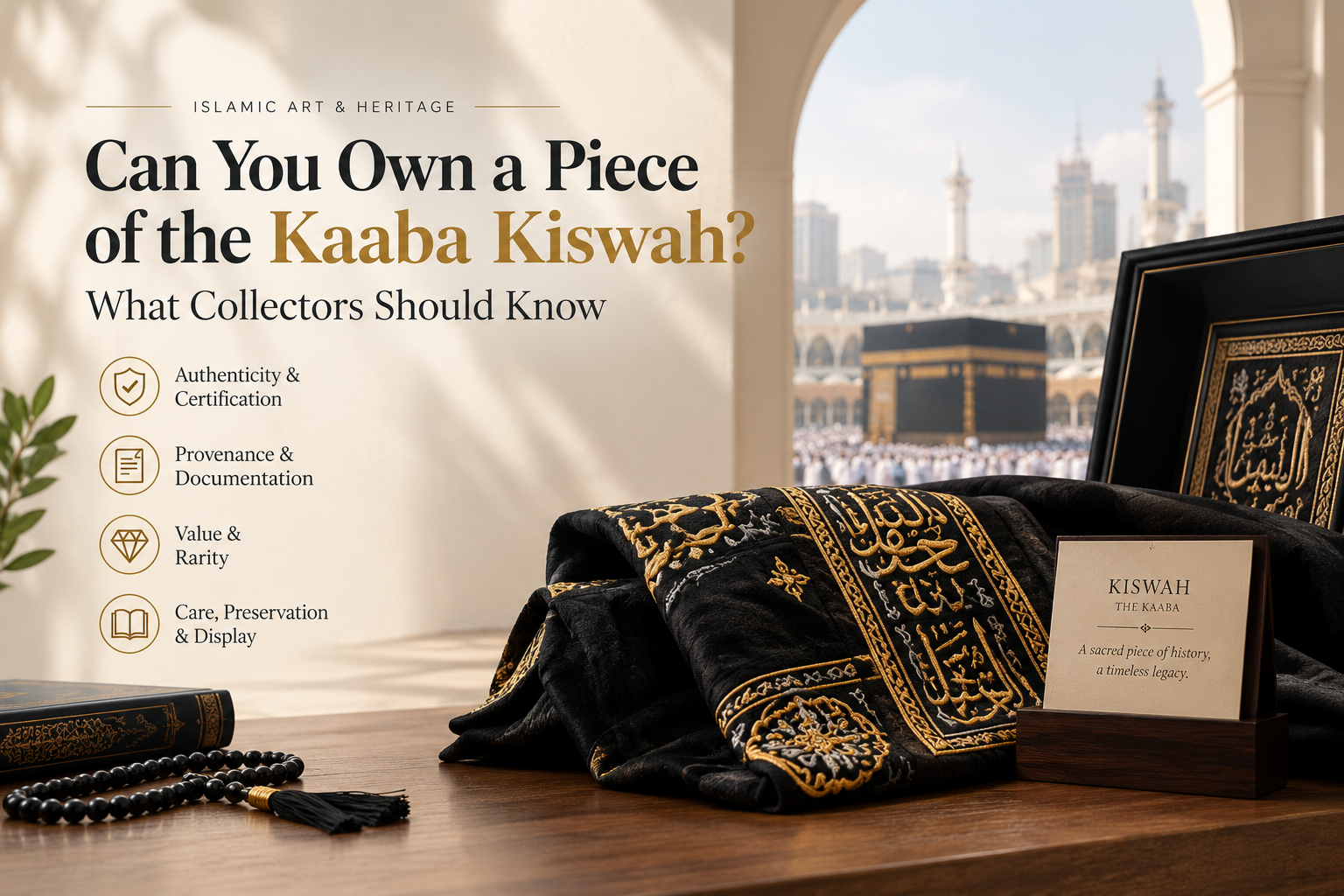 A premium Islamic heritage scene featuring the Kaaba in the background and a beautifully displayed black Kiswah with intricate gold embroidery. The elegant composition highlights authenticity, provenance, rarity, and preservation, making it ideal for a collector-focused blog about owning a piece of the Kaaba Kiswah.