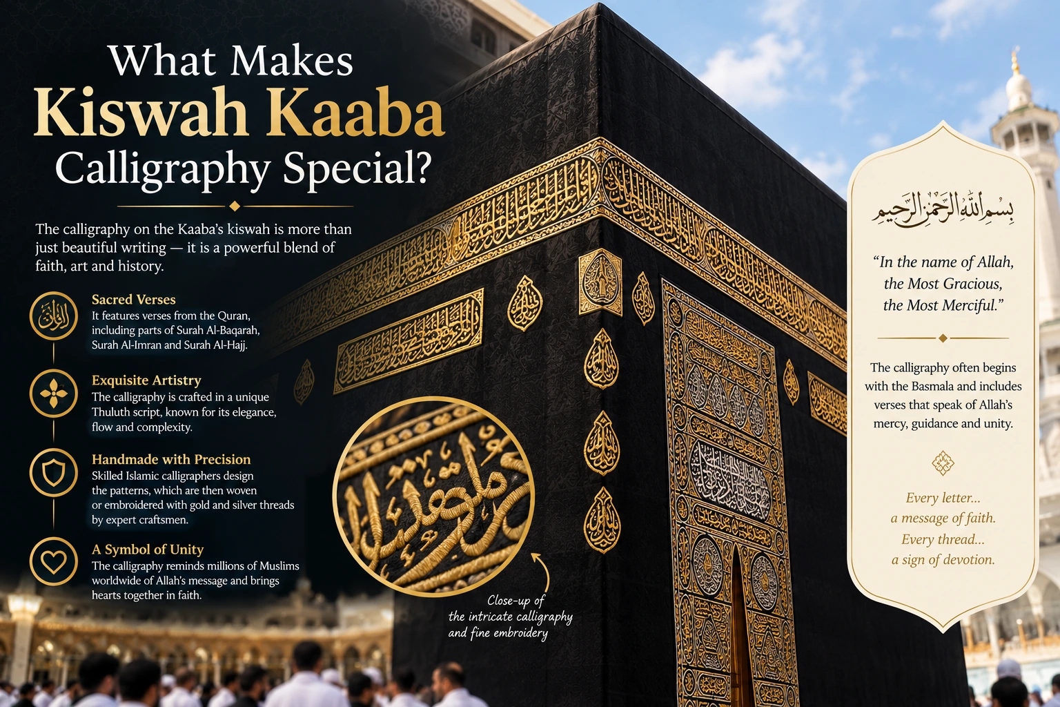 The image presents the Kaaba’s complete measurements against a warm sunset backdrop, featuring the Makkah Clock Tower, measurement arrows, and a human-height comparison for better understanding.