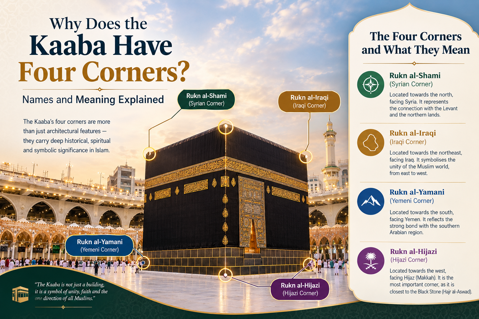 A stunning view of the Holy Kaaba at Masjid al-Haram during sunset, featuring elegant golden calligraphy and highlighted corners with labels explaining their names and geographical directions. The warm lighting, green ornamental borders, and informative side panel create a beautiful visual guide to the history and significance of the Kaaba’s four corners.