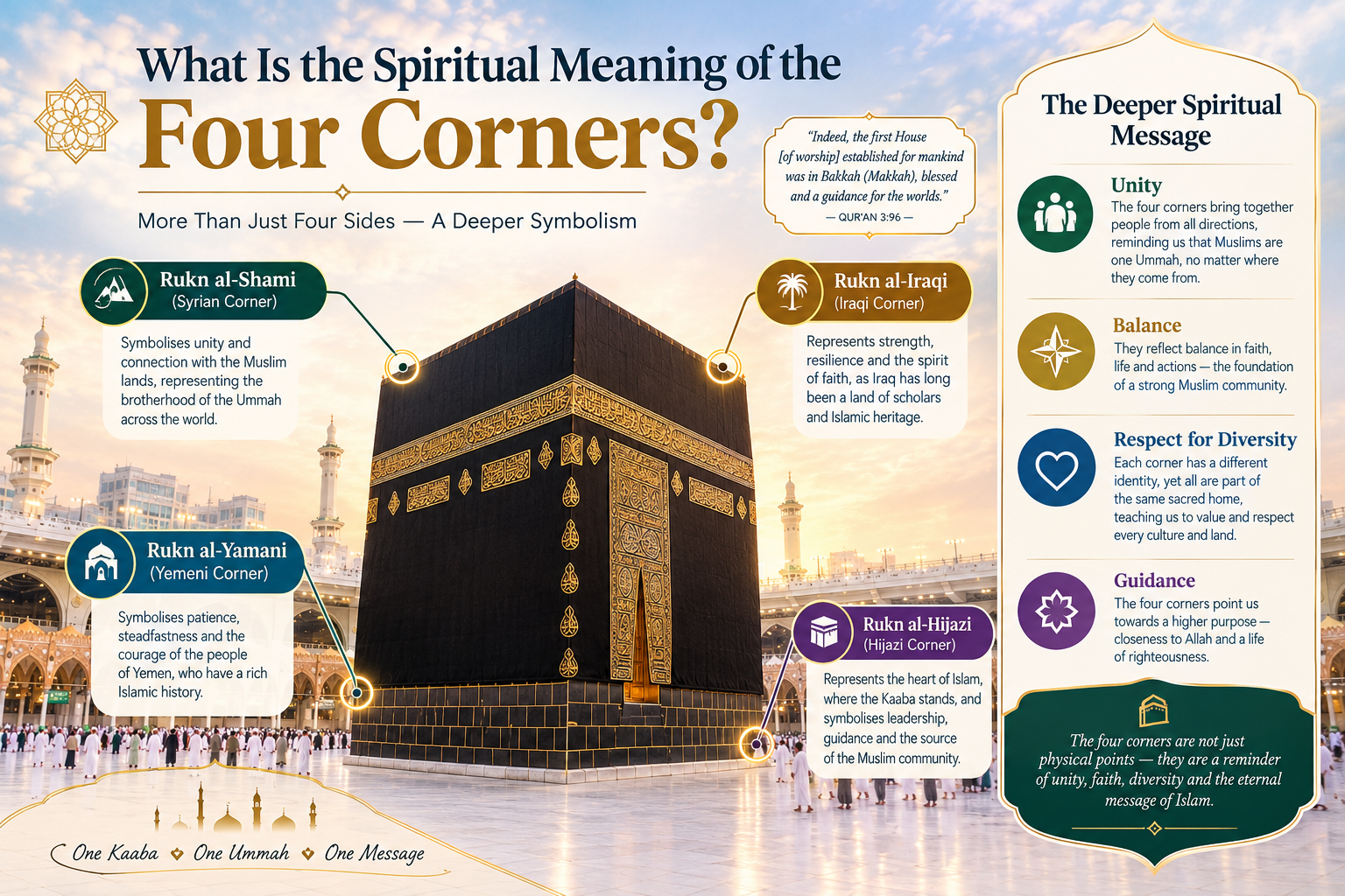 A beautiful infographic showcasing the spiritual meaning of the Kaaba’s four corners, with the Kaaba at the center and detailed callouts explaining each corner. Golden accents, Islamic geometric patterns, and a warm sunset backdrop highlight themes of unity, balance, respect for diversity, and spiritual guidance in Islam.